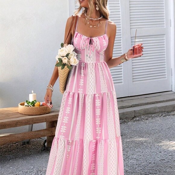 Pink Boho Women's Woven Print Spaghetti Strap Long Dress - Picture 6 of 6